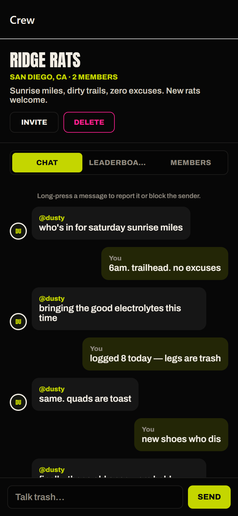 Trail Trash app — crew chat