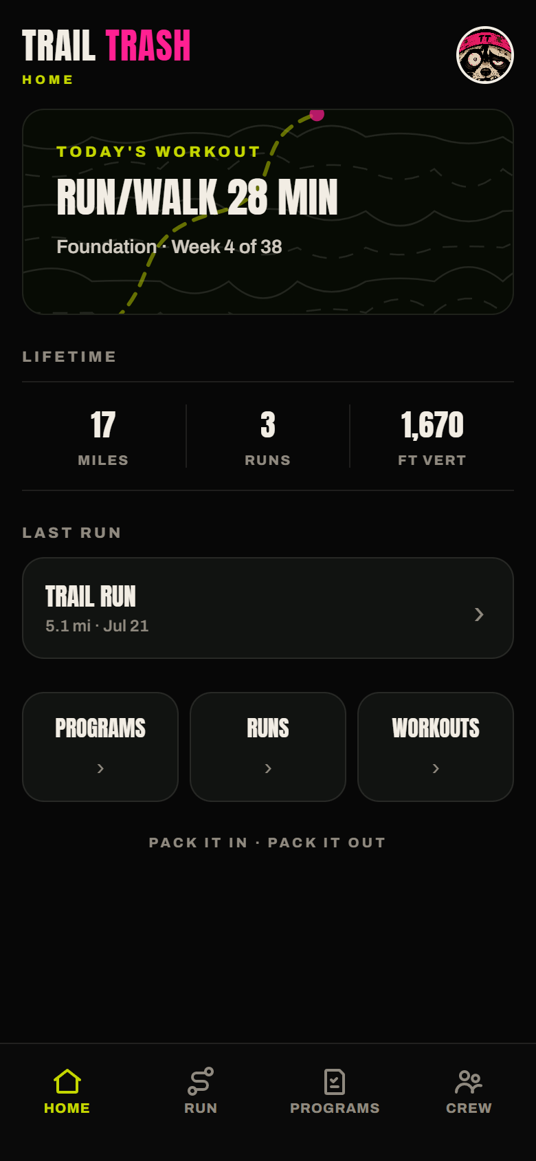 Trail Trash app — home screen with your latest run