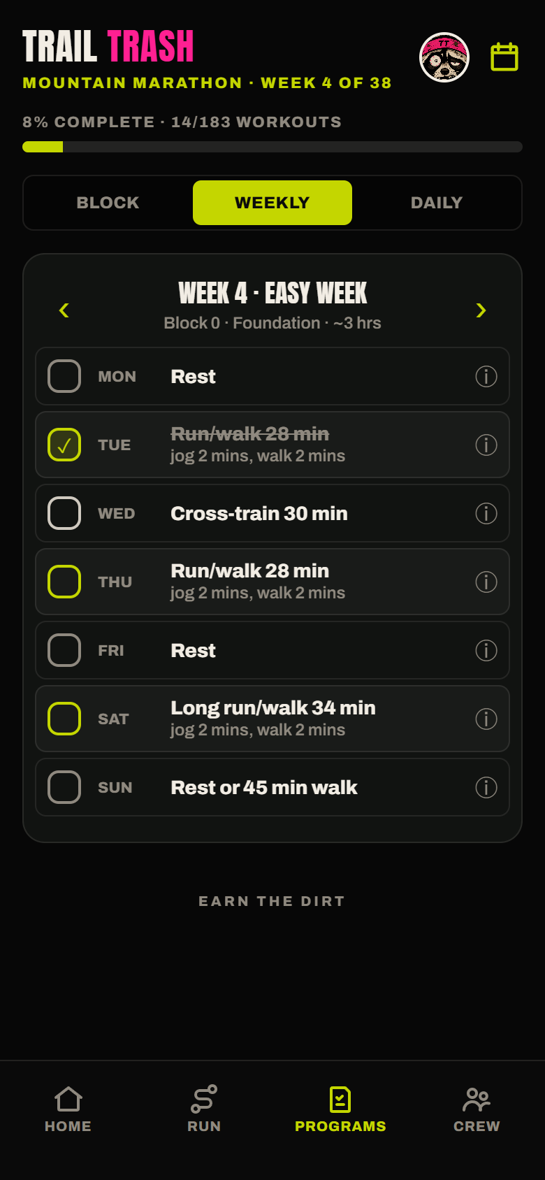 Trail Trash app — training programs