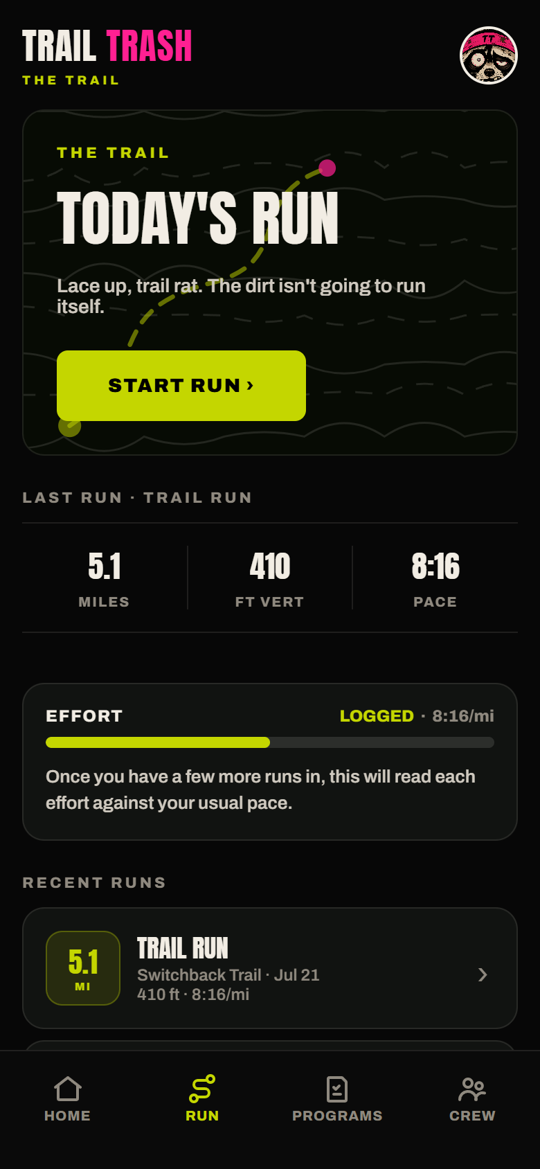 Trail Trash app — run tracking stats